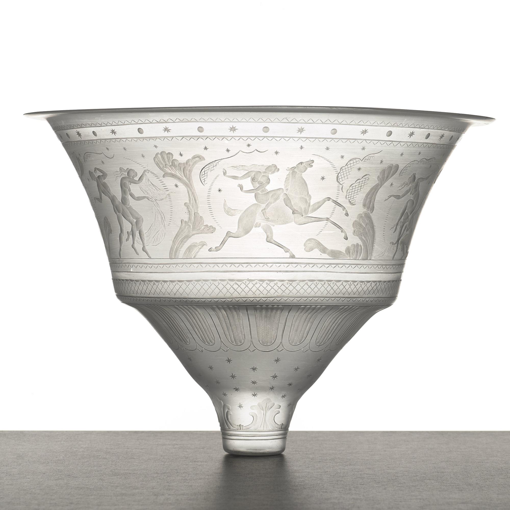 Simon Gate, an engraved glass lamp shade, Orrefors, Sweden 1920.