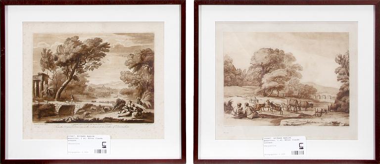 RICHARD EARLOM, mezzotint, 2 st. Efter Claude Lorrain.