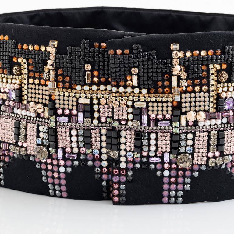 Chanel, a black silk and multicolour rhinestone belt, size 34.