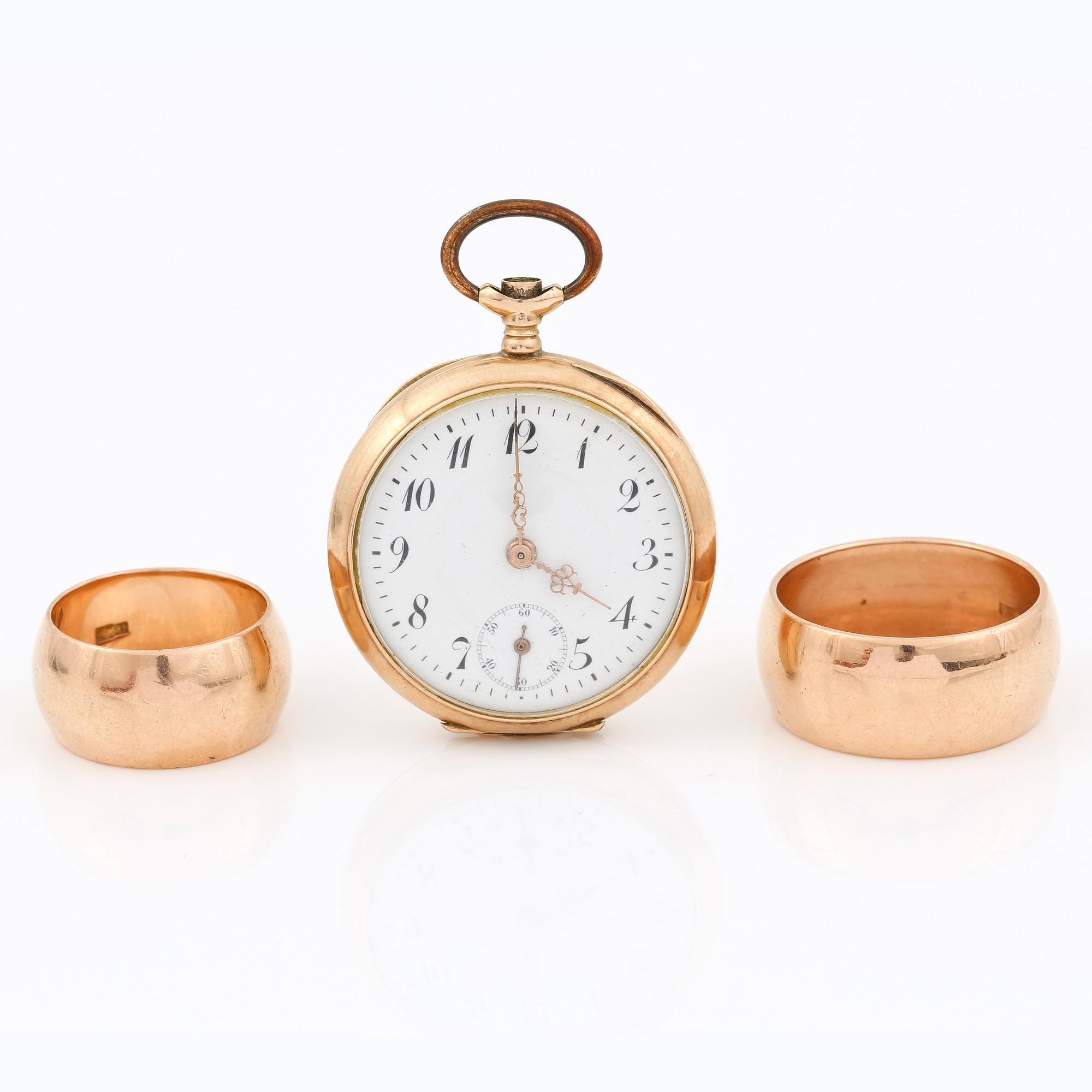 FICKUR samt RINGAR 2st, 14K guld, total vikt ca 43g.