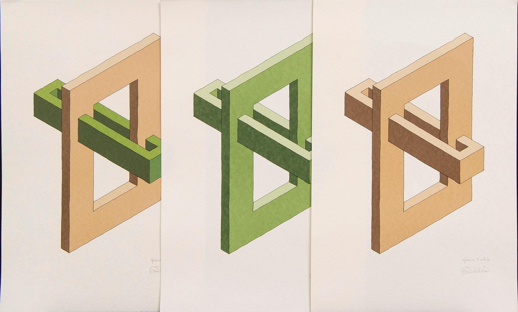 Oscar Reutersvärd, three color lithographs, signed épreuve d'artiste.