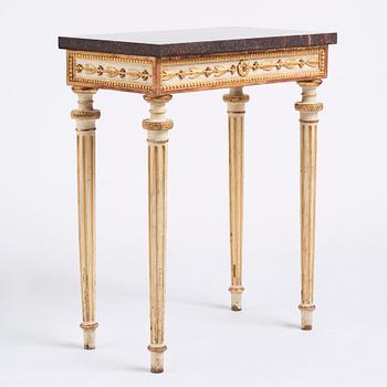 A late Gustavian console table in the manner of P Ljung, late 18th century. Stone top in porphyry.