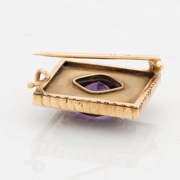 A Fabergé amethyst and enamel brooch set with rose-cut diamonds, St Petersburg 1899-1908.