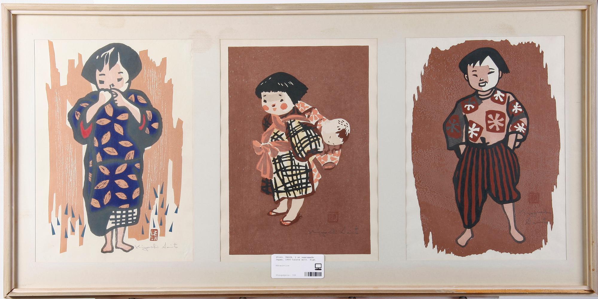 TRYCK, 3 st samramade. Japan, 1900-talets mitt. Sign.