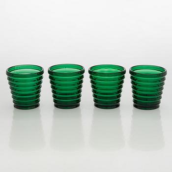 Aino Aalto, drinking glasses, 4 pcs, model 4052, and plate 'Bölgeblick', Karhula Glassworks, 1930s.