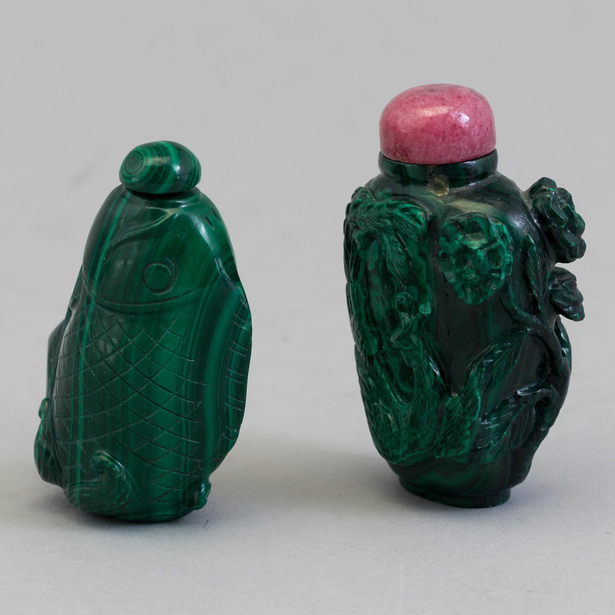 TWO MALACITE SNUFF BOTTLES, East Asian, 20th century.