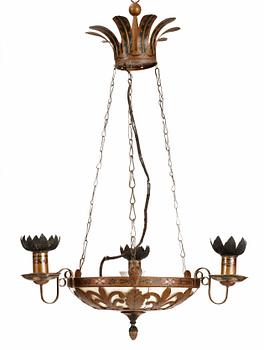 79. An Empire three-light hanging lamp.