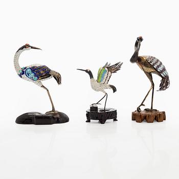 A set of three silver and cloisonné enamel figures of birds, first half of 20th Century.