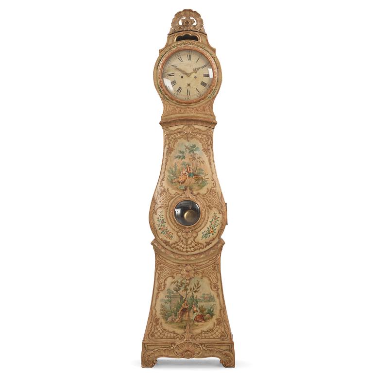 A rococo polychrome-painted and giltwood longcase clock by N. or C. Berg (active in Stockholm  1751-94/1762-84).