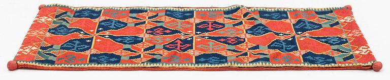 A double interlocked tapestry carriege chusion, 'Three rosettes', c. 113 x 45 cm, Skytts or Oxie district.