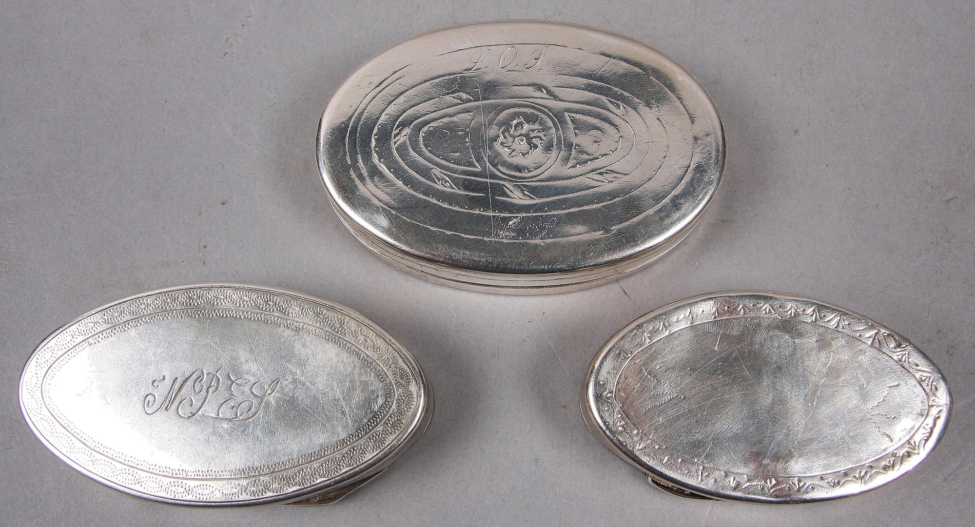 DOSOR, 3 st, silver. Stephan Westerstråhle, Västervik 1795, Gustaf Hagström, Stockholm 1808 samt  Jonas Berg, Stockholm 1784.