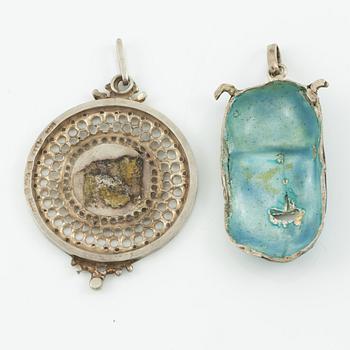 Lars Arrhenius, three pendants and a pair of earrings, sterling silver and enamel, Gothenburg, among others, 1969 and 1972.
