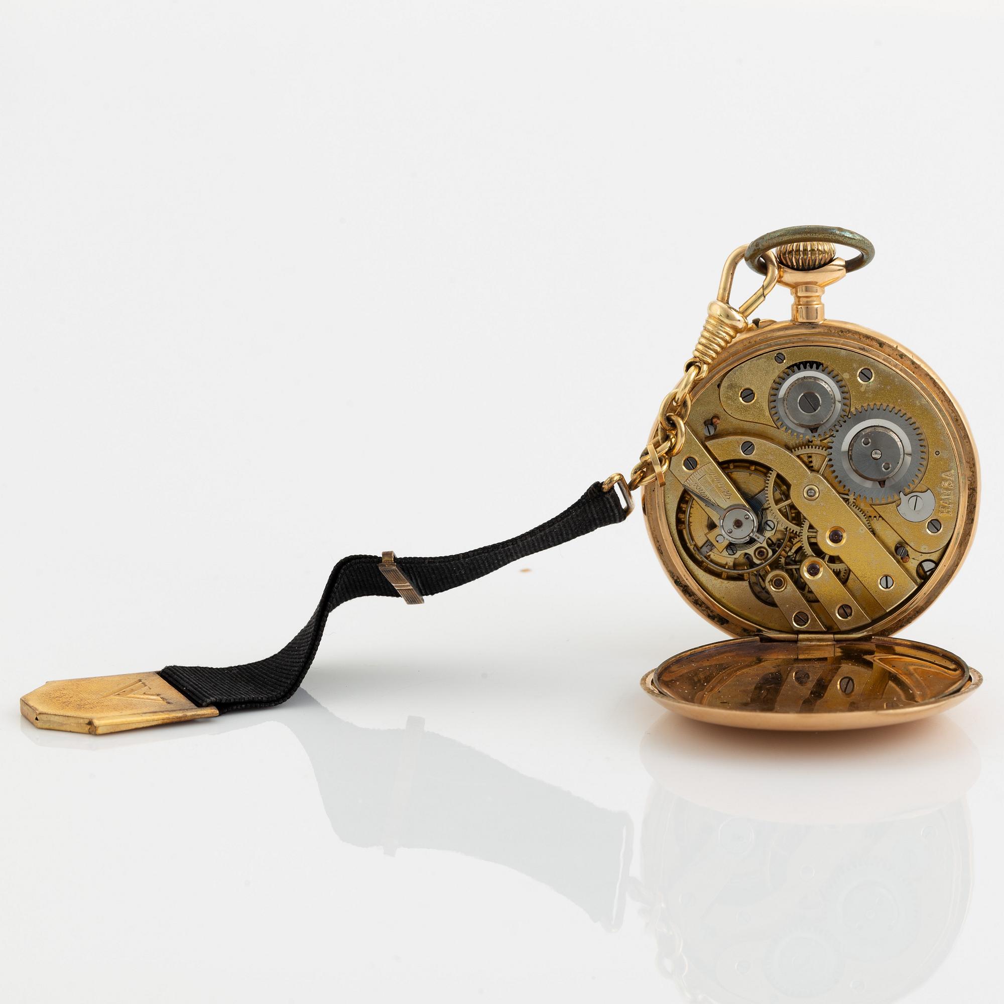 Pocket watch, Hansa, 14K gold, 48,5 mm.