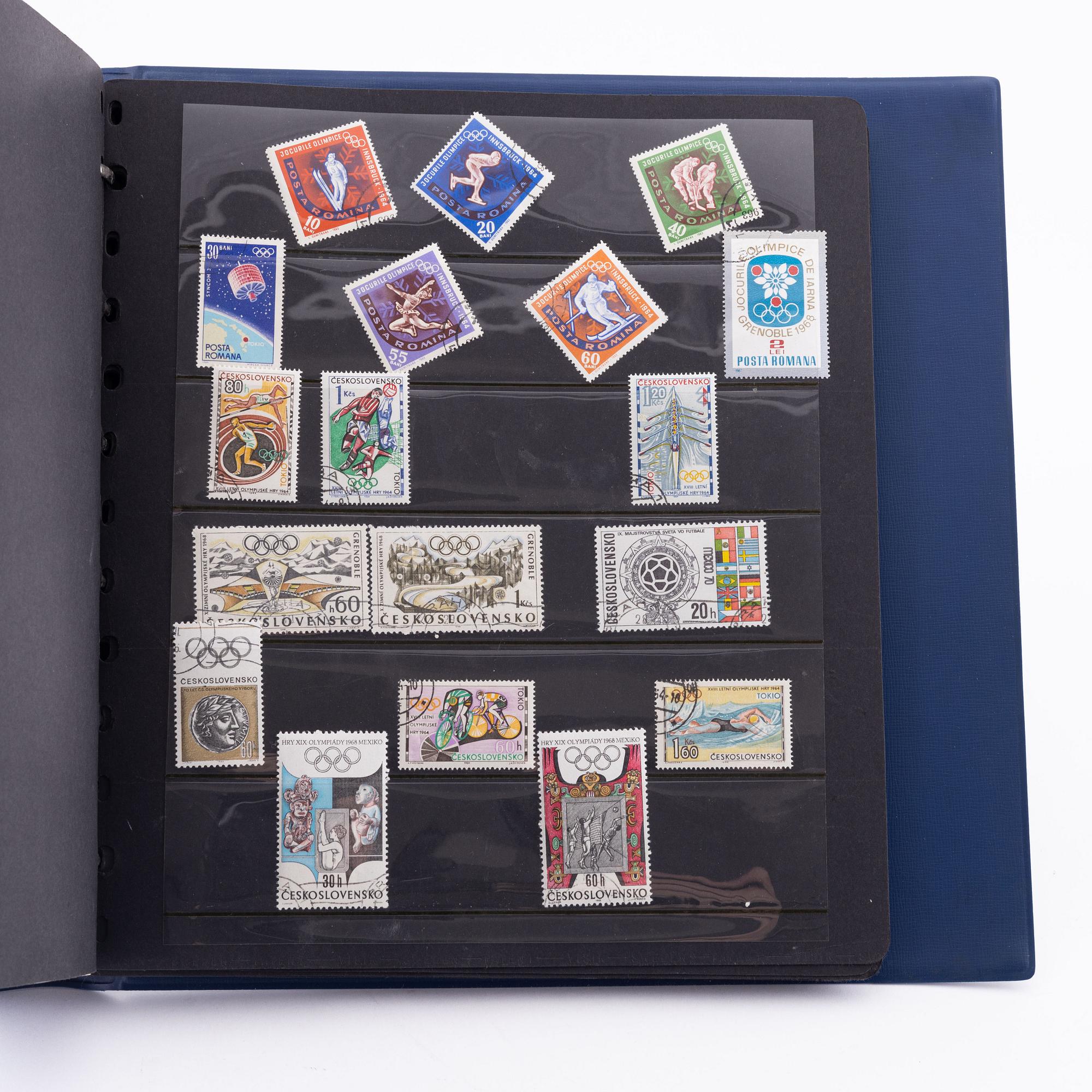 Olympic memorabilia: tickets, stamps, and cards.