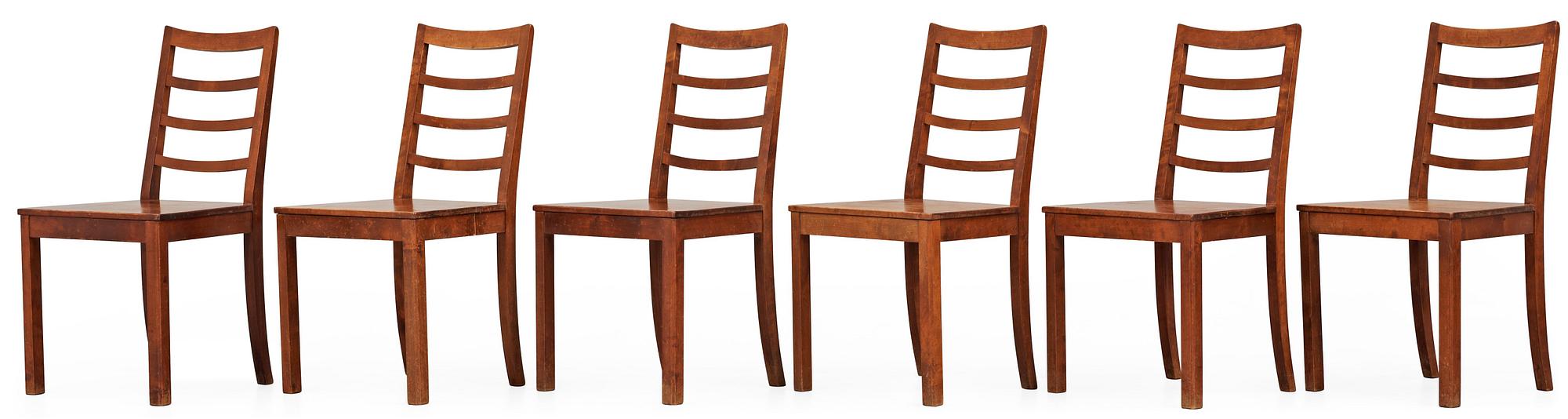 A set of six stained birch dinner chairs, Nordiska Kompaniet, NK, Stockholm circa 1923.