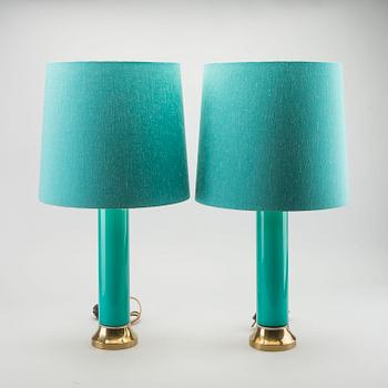 BERGBOM'S, a pair of brass and turquoise glass table lamps, Sweden mid 20th century,