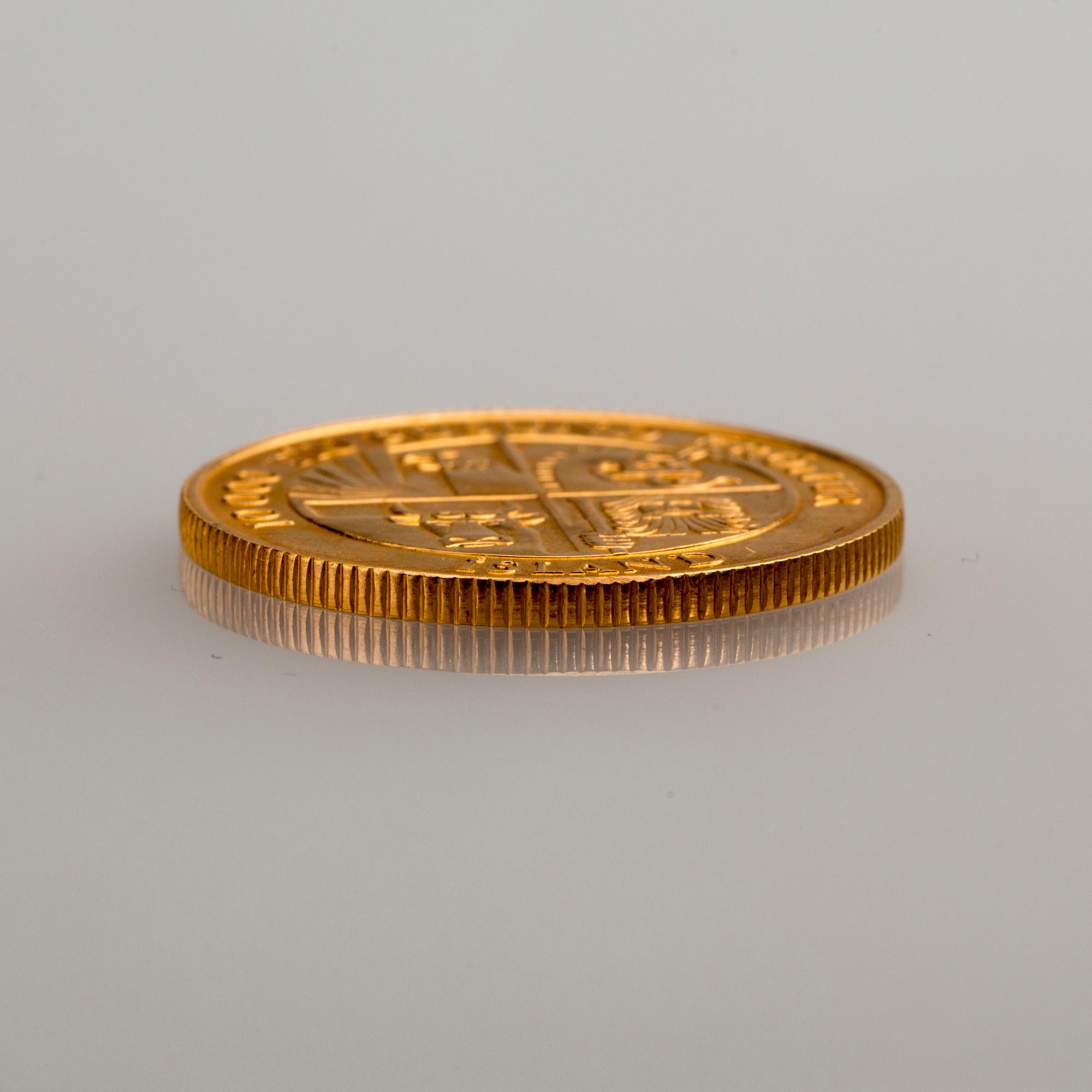 MINNESMYNT, guld, "10000 TÍU ÞÚSUND KRONUR 874-1974  Island". Island, 1974. Vikt ca 15,50 g.