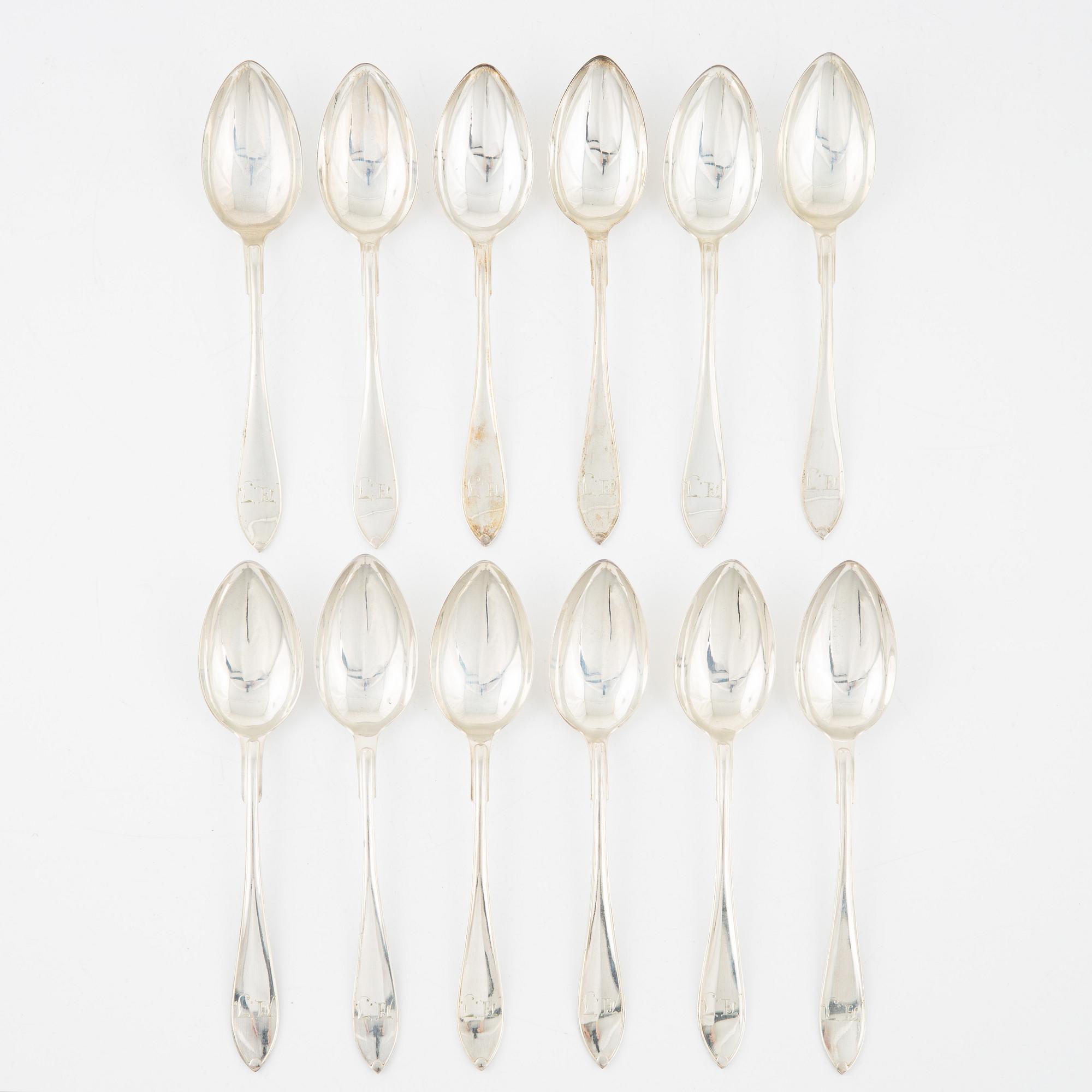 A group of 12 Swedish silver spoons, including GAB, Stockholm, 1926.