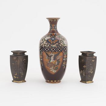 A pair of Japanese gilt bronze vases and a cloisonné vas, Meiji period (1868-1912).