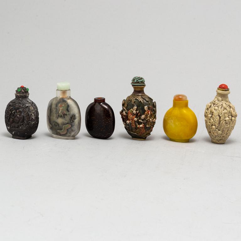 Six Chinese snuff bottles, 20th century.