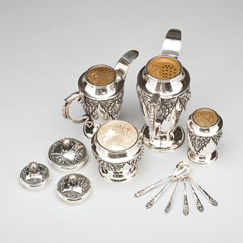 KAFFE- OCH TESERVIS, 10 delar. Silver 800/1000. Delux,  Asien. Ca 1600g.