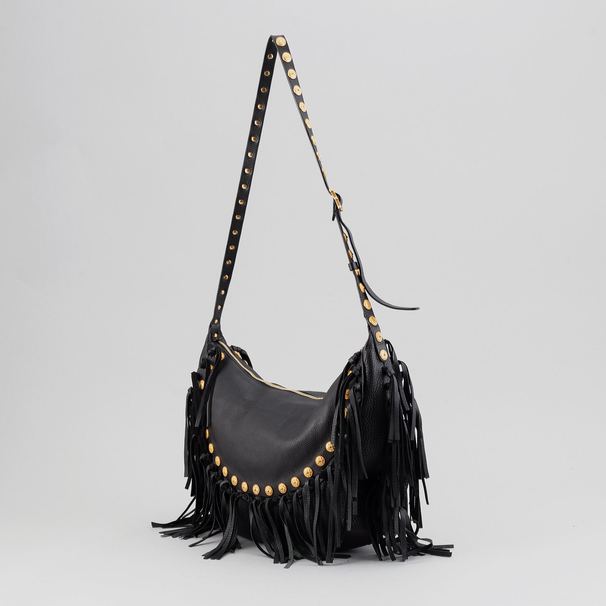 Valentino, a black leather hobo bag.