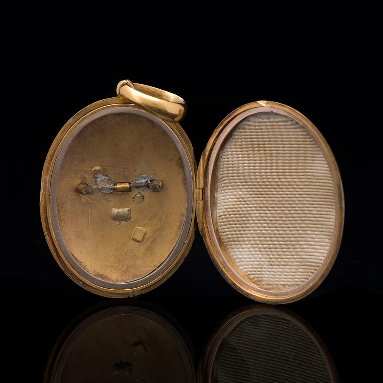 MEDALJONG, 18K guld, pärlor, emalj. Troligtvis England, 1800-tal.