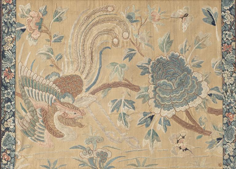 A pair of silk embroideries, China, Qing dynasty, 19th century.