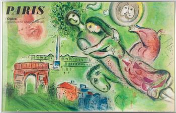 Marc Chagall, efter. "Paris, l'Opera, le plafond de Chagall, (détail) (Roméo et Juliette)", 1964.