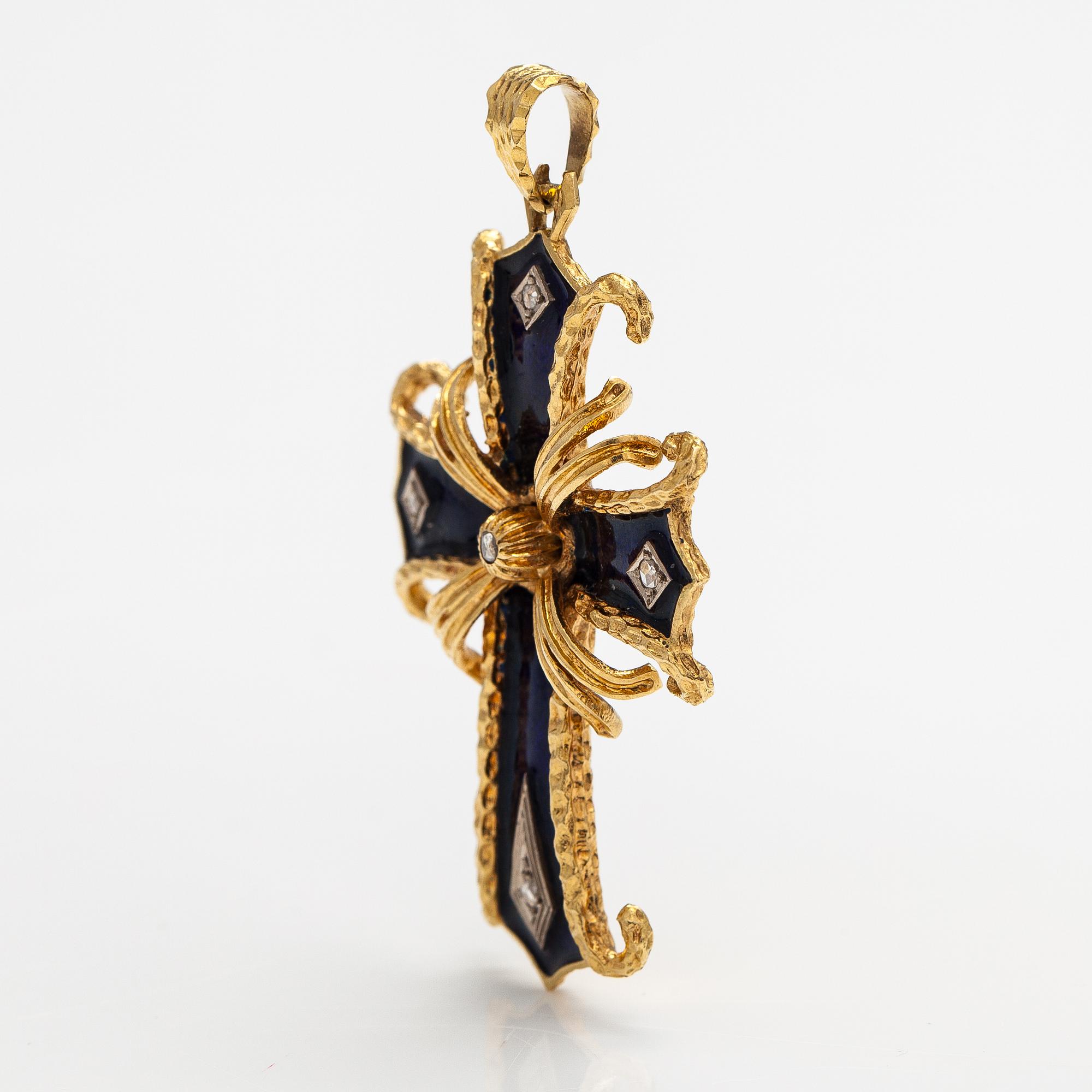 Riipus, risti, 18K kultaa, emalia ja ruusuhiottuja timantteja.