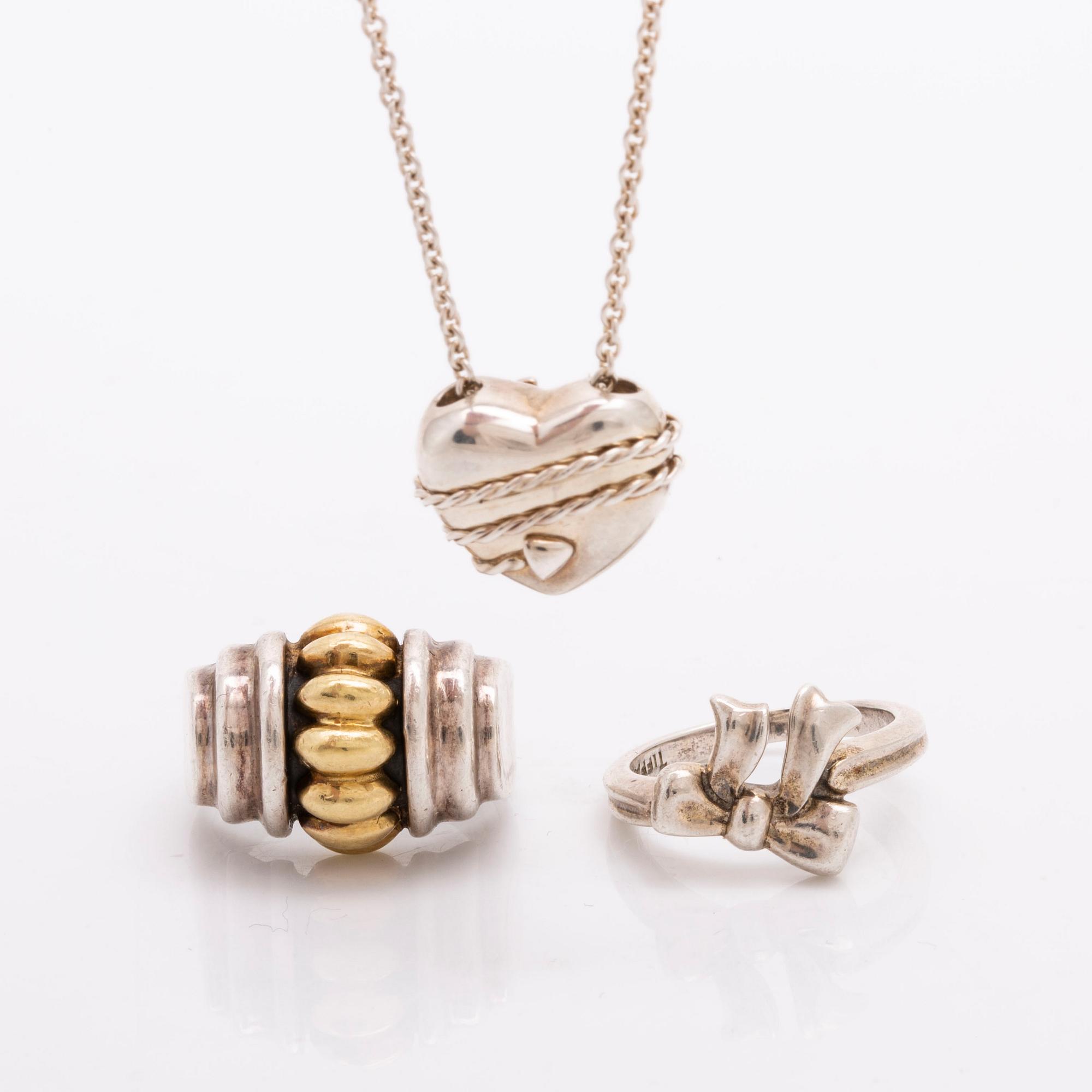 Tiffany 1 ring with a bow and heart pendant with chain, 1 more ring, sterling silver, total weight 20,8 g.