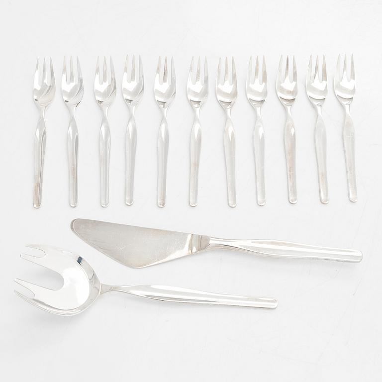 Tapio Wirkkala, a set of 'Tapio' sterling silver cake servers and 11 cake forks, Kultakeskus, Hämeenlinna 1971-74.