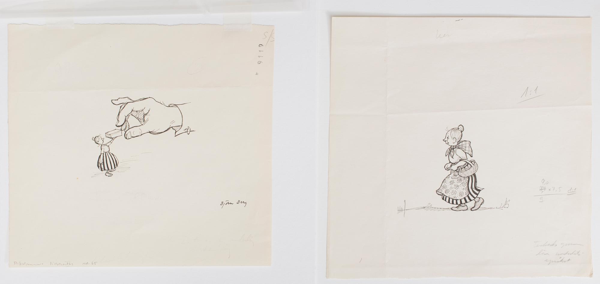 BJÖRN BERG, two ink drawings from "Teskedsgumman". One signed.