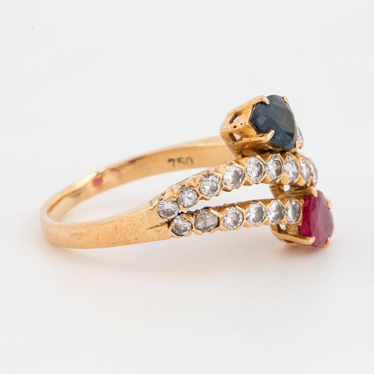 Ruby, sapphire and brilliant-cut diamond ring.