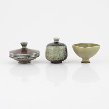 Berndt Friberg, two stoneware vases and one bowl, Gustavsberg Studio, Sweden, 1971-74.