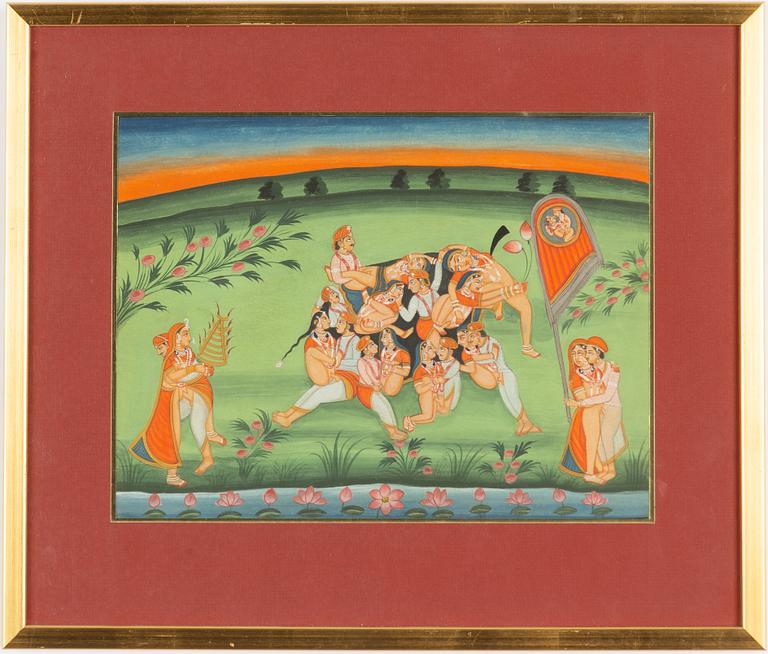 Unidentified artist, Erotic scene in landscape, India, 20th century.