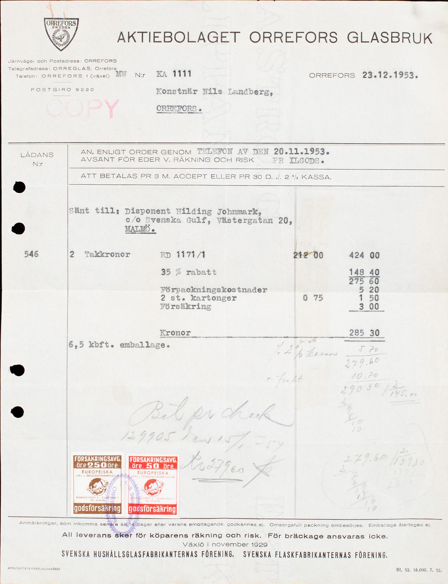 TAKLAMPA, enligt inköpskvitto Nils Landberg, Orrefors, 1953.