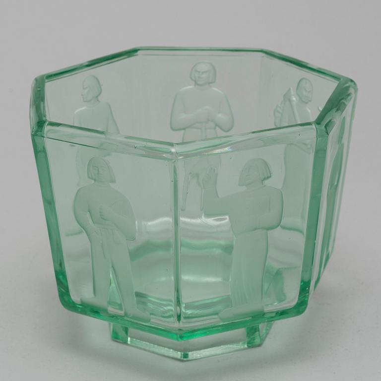 BOWL, glass, "Seitsemän veljestä"(Seven brothers). Riihimäki Lasi, 1930/40's.