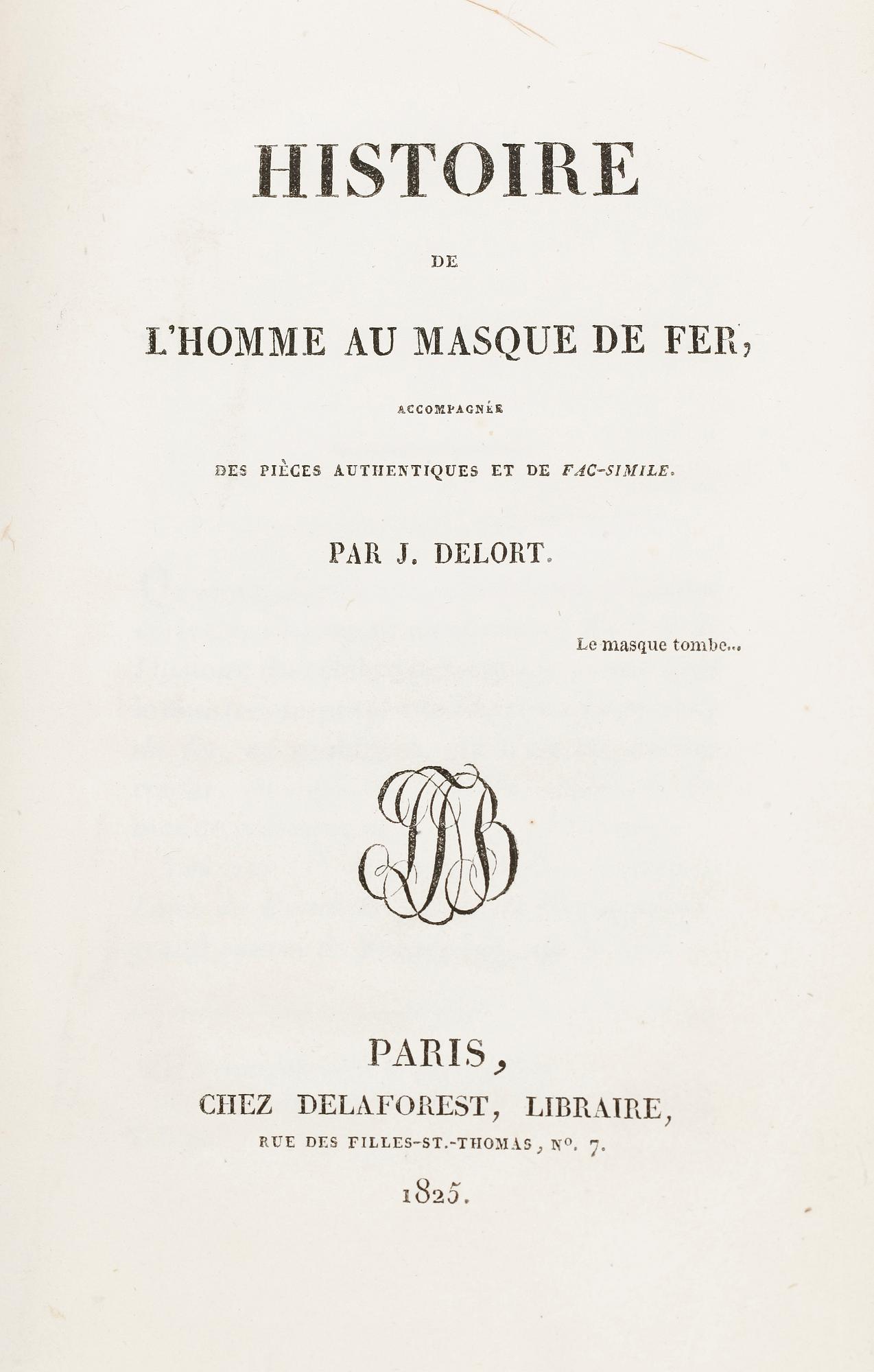 KUNGLIGT BOKBAND, Drottning Desideria av Sverige och Norge, "Histoire de L´Homme au Masque de Fer", J. Delort, Paris 1825.