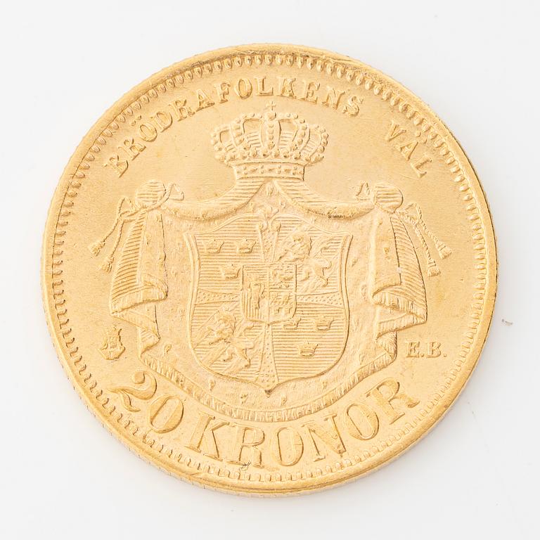 Gold coin, Oscar II, 20 kronor, type II, Sweden 1876.