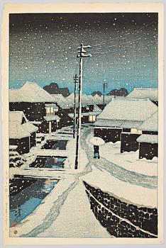 646. KAWASE HASUI (1883-1957), färgträsnitt. Japan, "Evening Snow of Terajima Village, winter 1920".