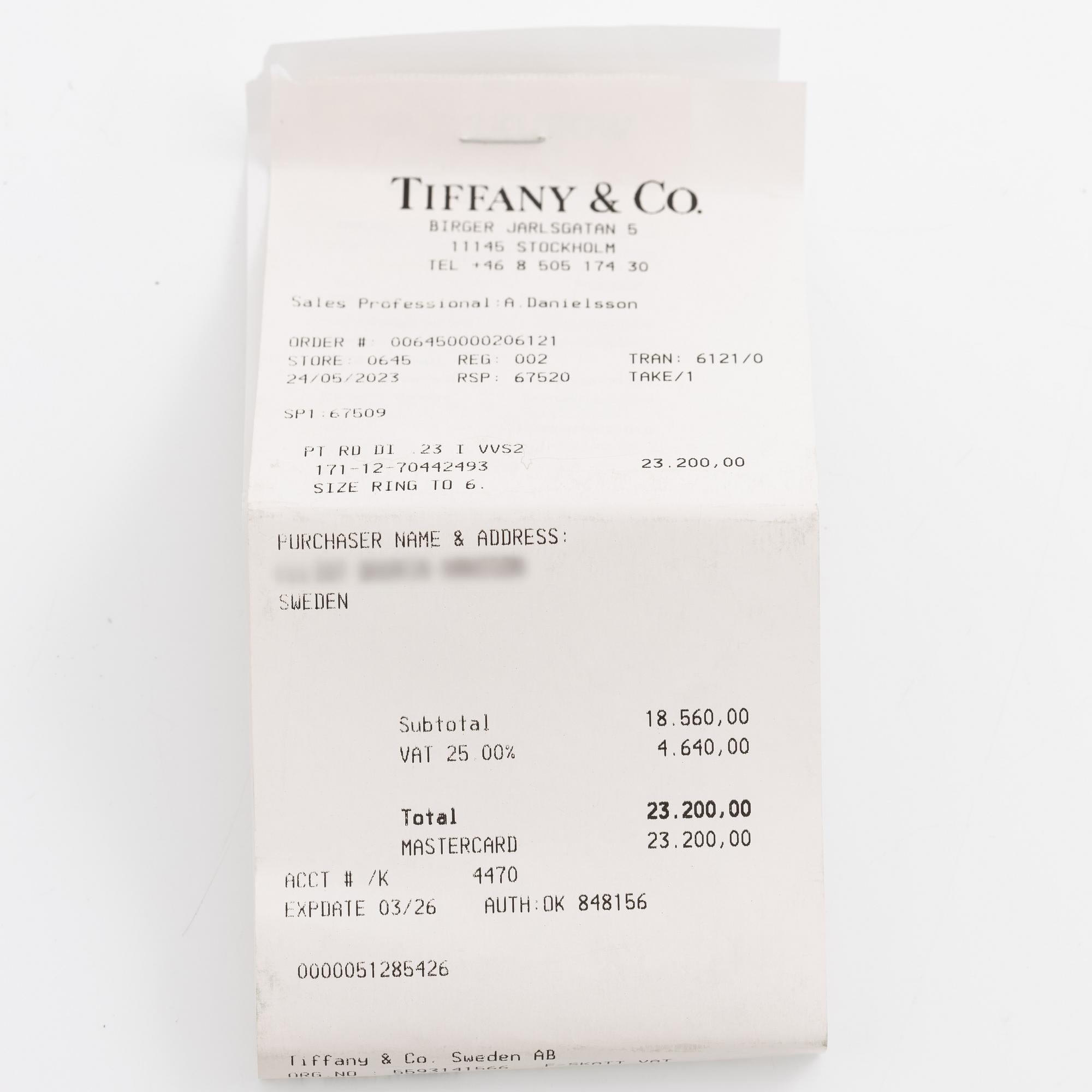 Tiffany & Co, ring, platinum with brilliant-cut diamond 0.23 ct.