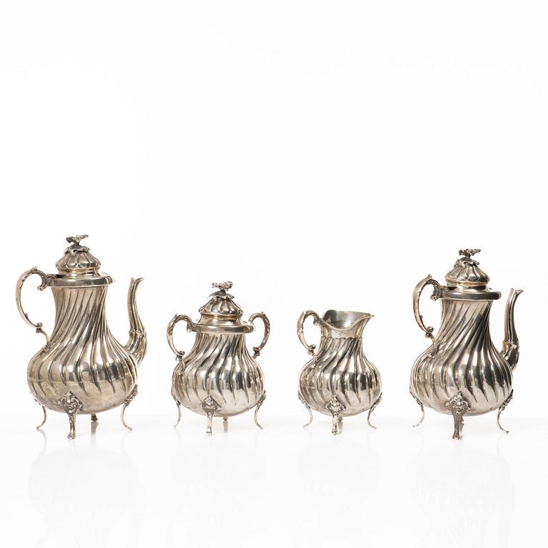 Tea/coffee service, 4 pieces, silver, Rococo style, 20th century.