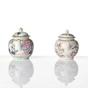 Two famille rose tea pots with covers, Qing dynasty, 18th century.