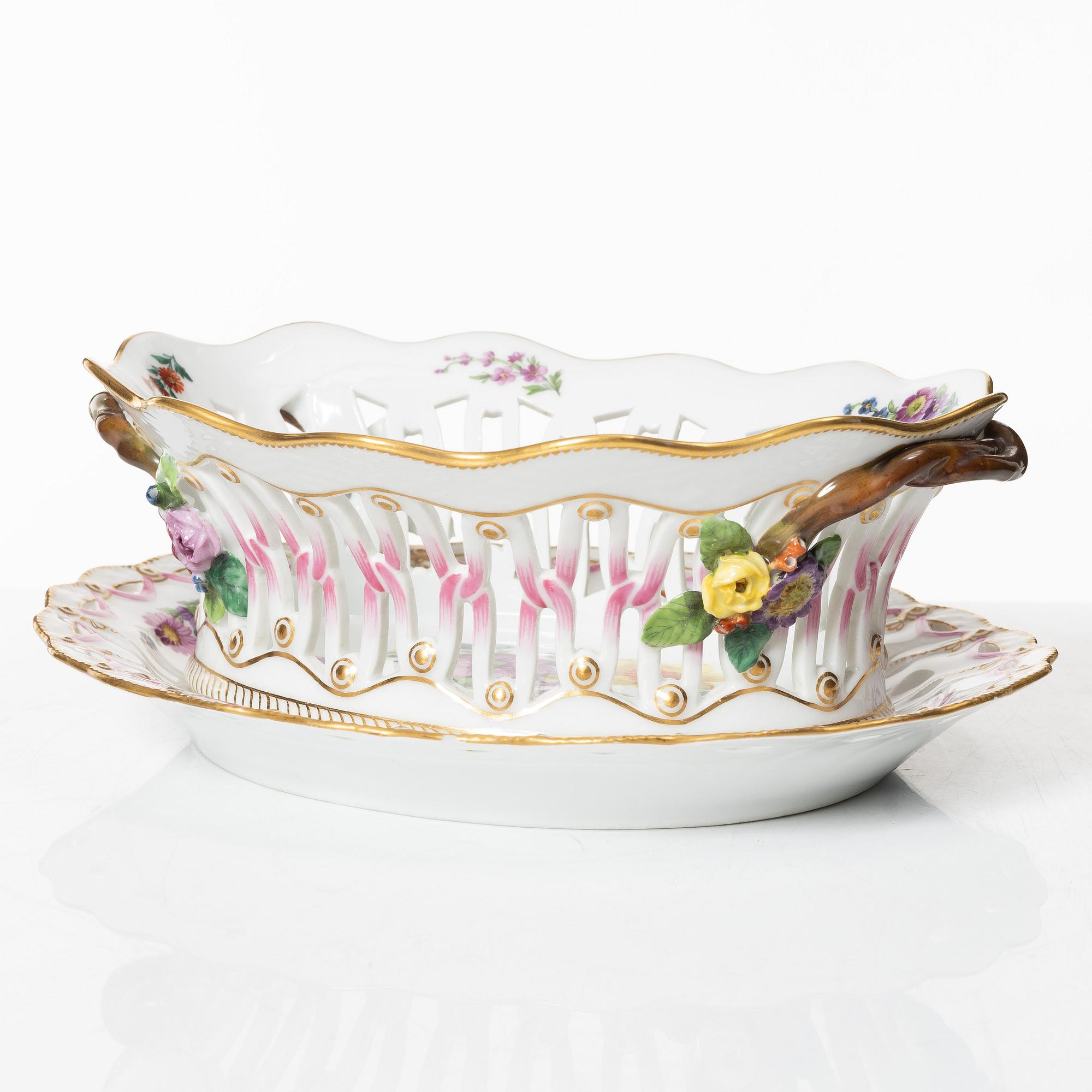 Royal Copenhagen, a 'Saxon Flower' basket on stand, Denmark, 1889-1922.