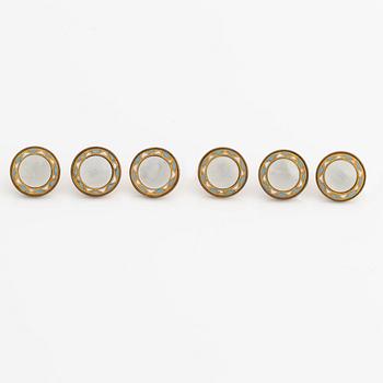 Six shirt buttons in gold metal with mother-of-pearl and enamel.