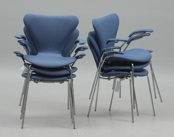 STOLAR, 6 st, "Sjuan", design Arne Jacobsen, Fritz Hansen, Danmark, 1970-71.