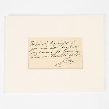 Anders Zorn, Egenhändigt signerat kort, porträttbild, samt signerat fotografi.