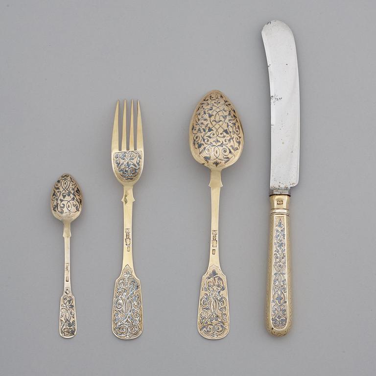 RESEBESTICK, 4 st, icke identifierad mästarstämpel, Moskva 1859, förgyllt silver och niello.