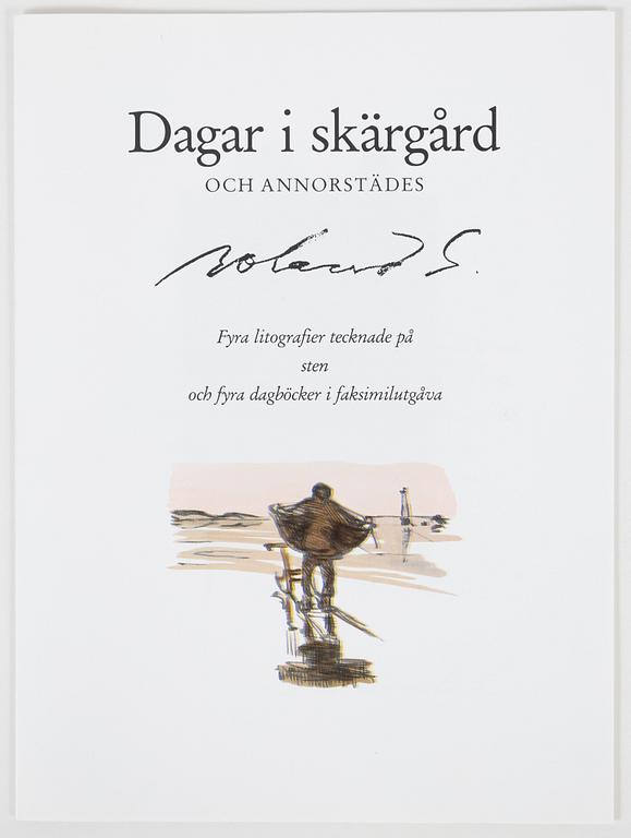 Roland Svensson, kasett med 4 färglitografier, signerade 169/400 samt fyra dagböcker i faksimil, 1990.